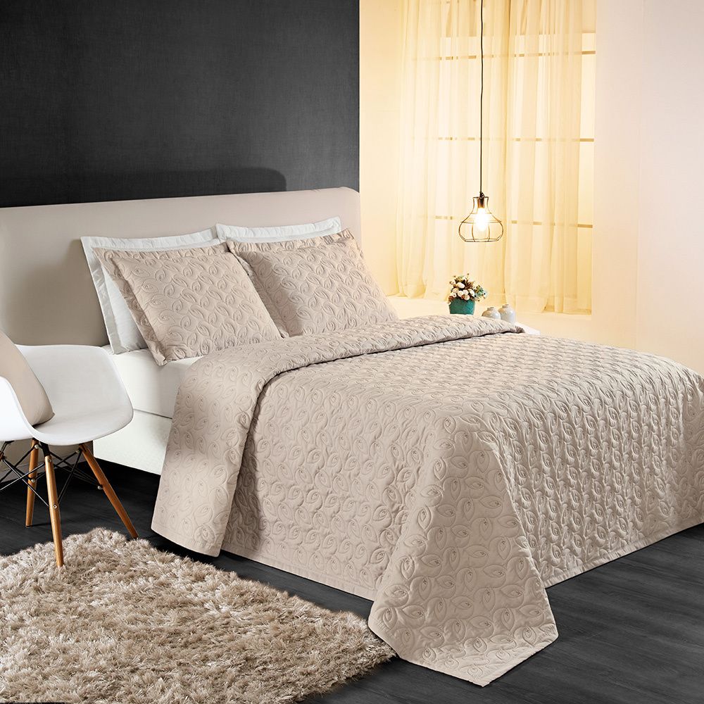 Kit Cobre Leito Colcha Bordado Ágata Micro Percal 200 Fios Cáqui