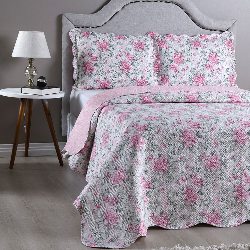 Kit Colcha Cobre Leito 150 Fios Matelado Boutis Estampada Dupla Face Bali Rosa