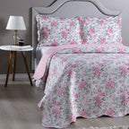 Kit Colcha Cobre Leito 150 Fios Matelado Boutis Estampada Dupla Face Bali Rosa
