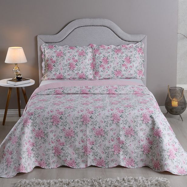 Kit Colcha Cobre Leito 150 Fios Matelado Boutis Estampada Dupla Face Bali Rosa