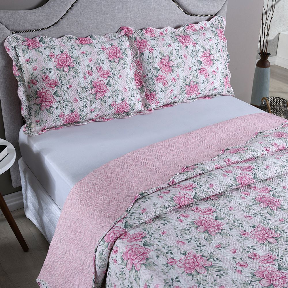 Kit Colcha Cobre Leito 150 Fios Matelado Boutis Estampada Dupla Face Bali Rosa