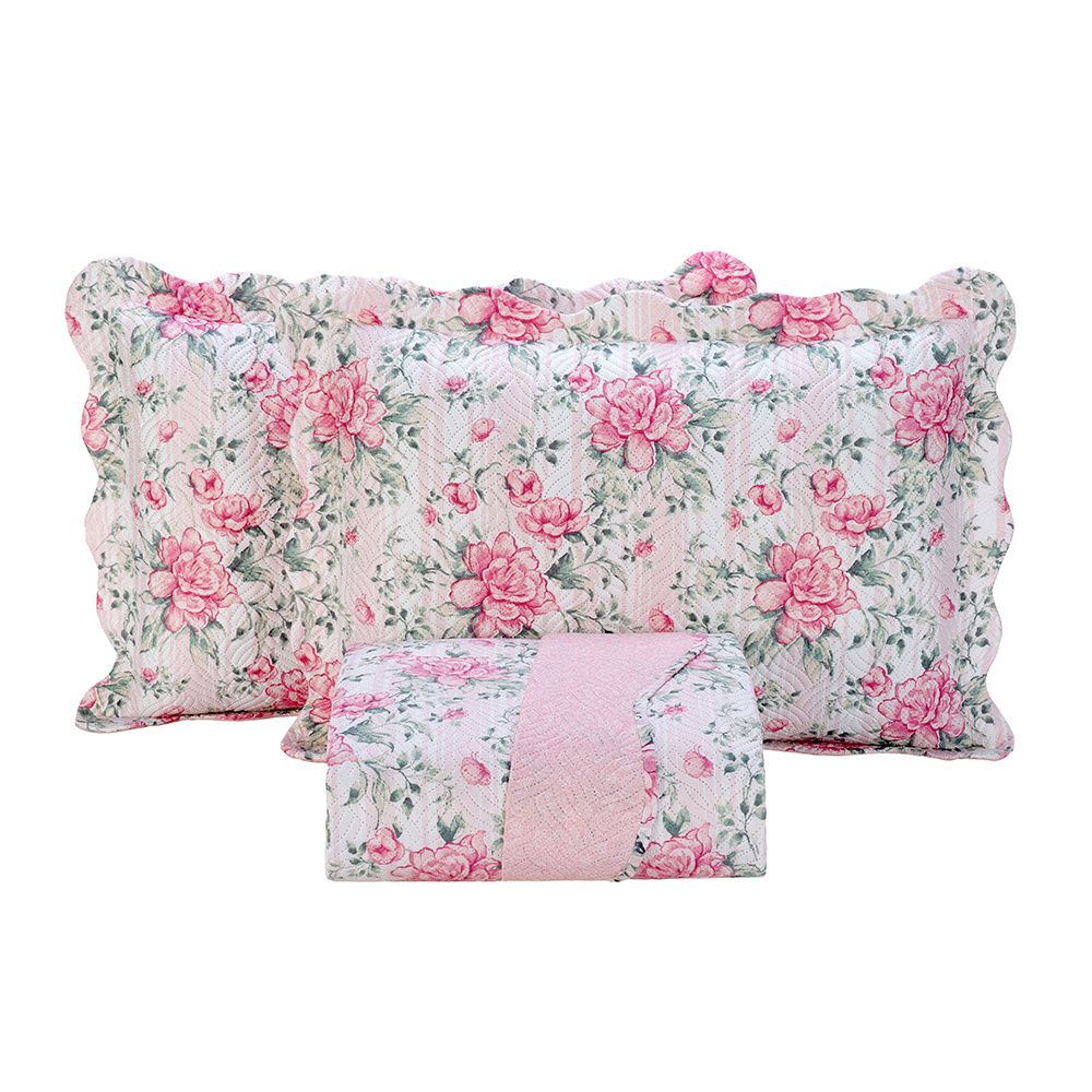 Kit Colcha Cobre Leito 150 Fios Matelado Boutis Estampada Dupla Face Bali Rosa