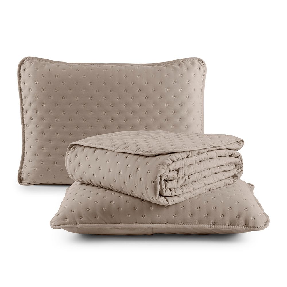 Kit Cobre Leito Colcha Matelado Dupla Face Dots 300 Fios Cáqui