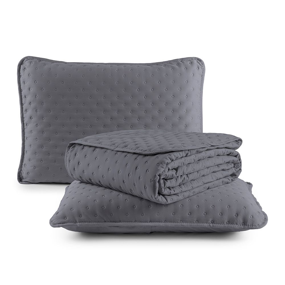 Kit Cobre Leito Colcha Matelado Dupla Face Dots 300 Fios Cinza