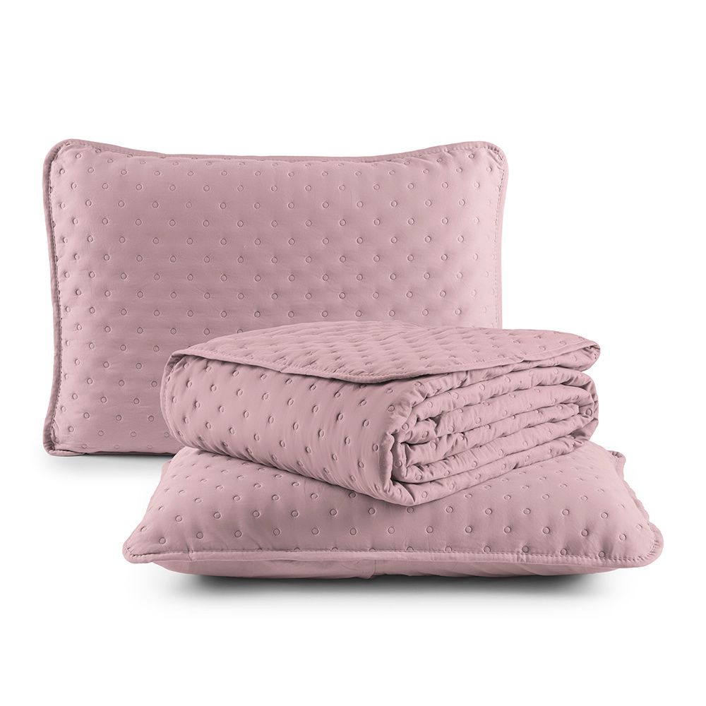 Kit Cobre Leito Colcha Matelado Dupla Face Dots 300 Fios Rose