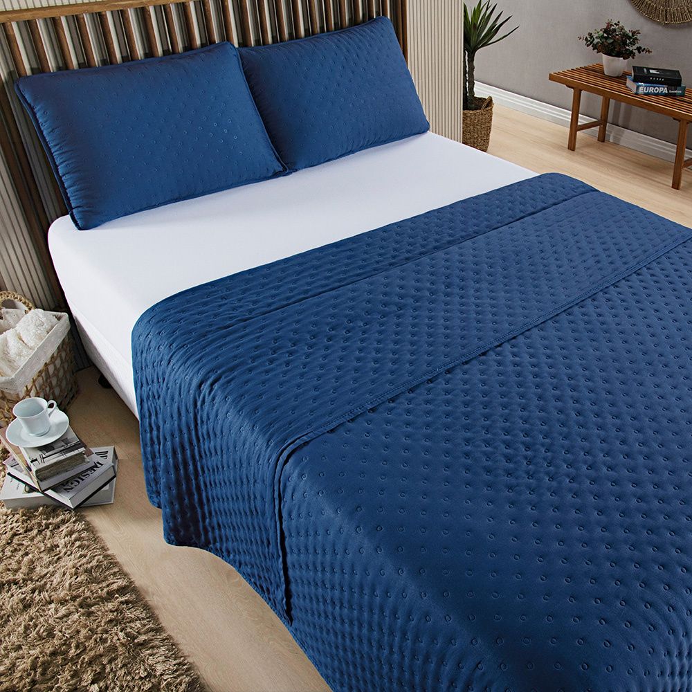 Kit Cobre Leito Colcha Matelado Dupla Face Dots 300 Fios Azul Marinho