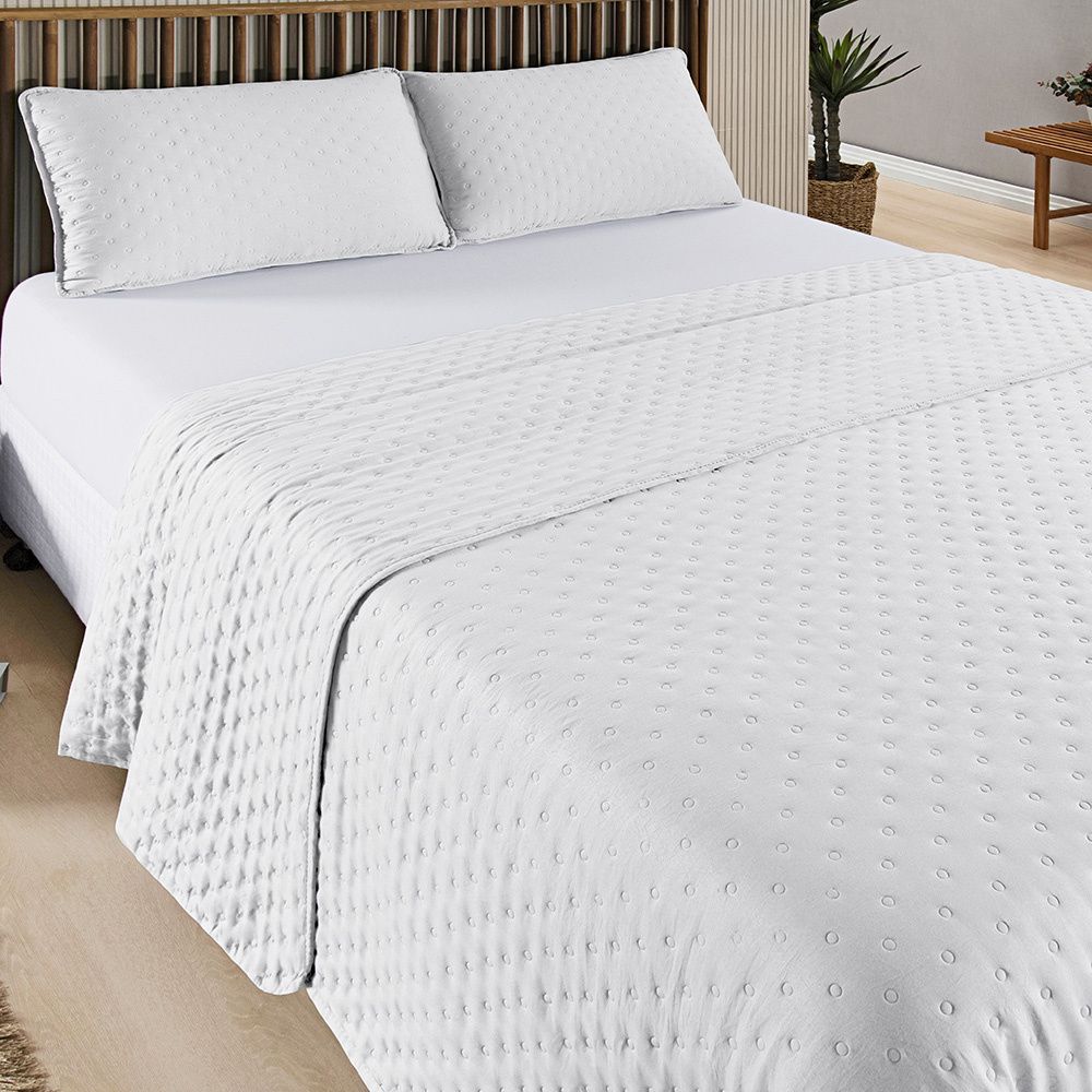 Kit Cobre Leito Colcha Matelado Dupla Face Dots 300 Fios Branco