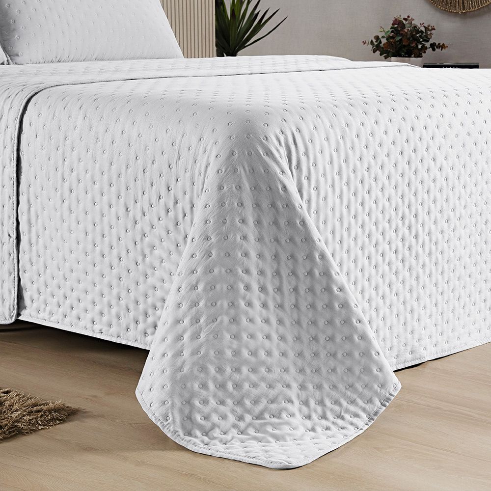 Kit Cobre Leito Colcha Matelado Dupla Face Dots 300 Fios Branco
