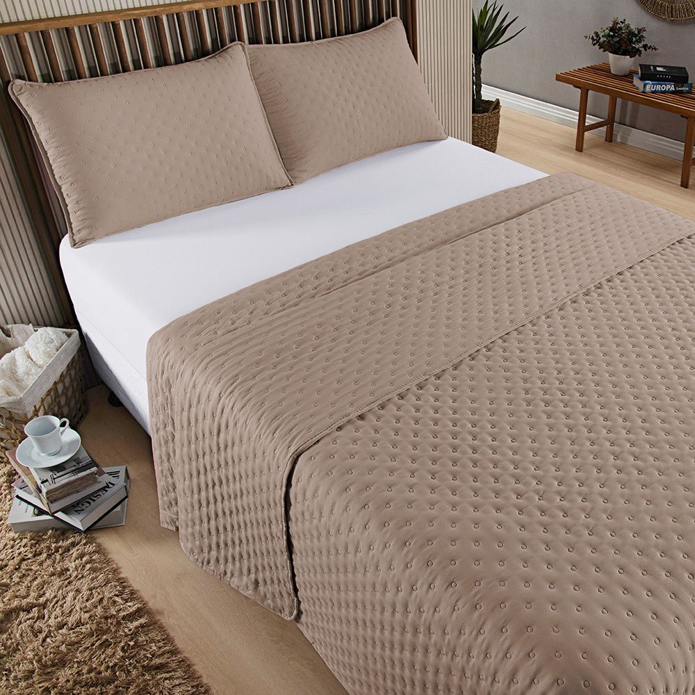 Kit Cobre Leito Colcha Matelado Dupla Face Dots 300 Fios Cáqui