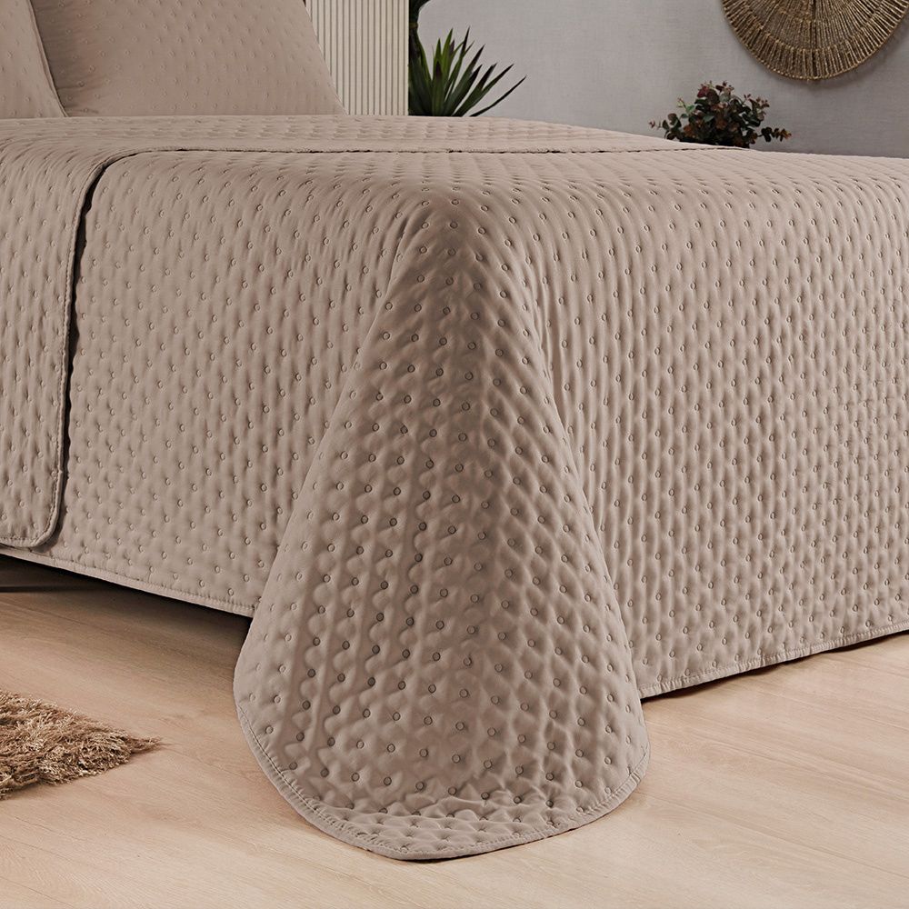 Kit Cobre Leito Colcha Matelado Dupla Face Dots 300 Fios Cáqui