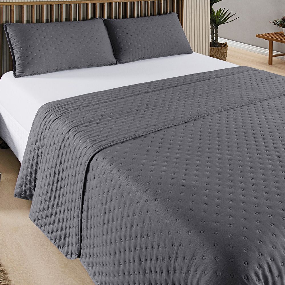 Kit Cobre Leito Colcha Matelado Dupla Face Dots 300 Fios Cinza