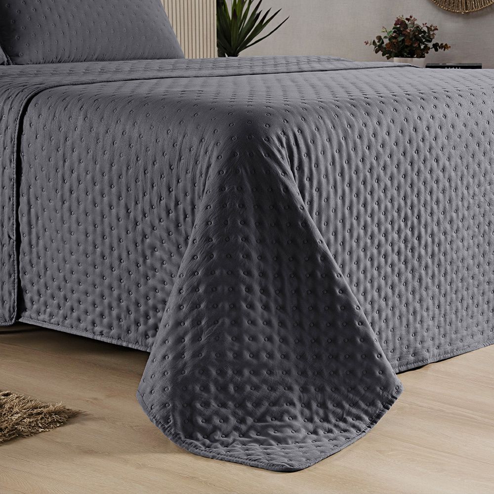 Kit Cobre Leito Colcha Matelado Dupla Face Dots 300 Fios Cinza