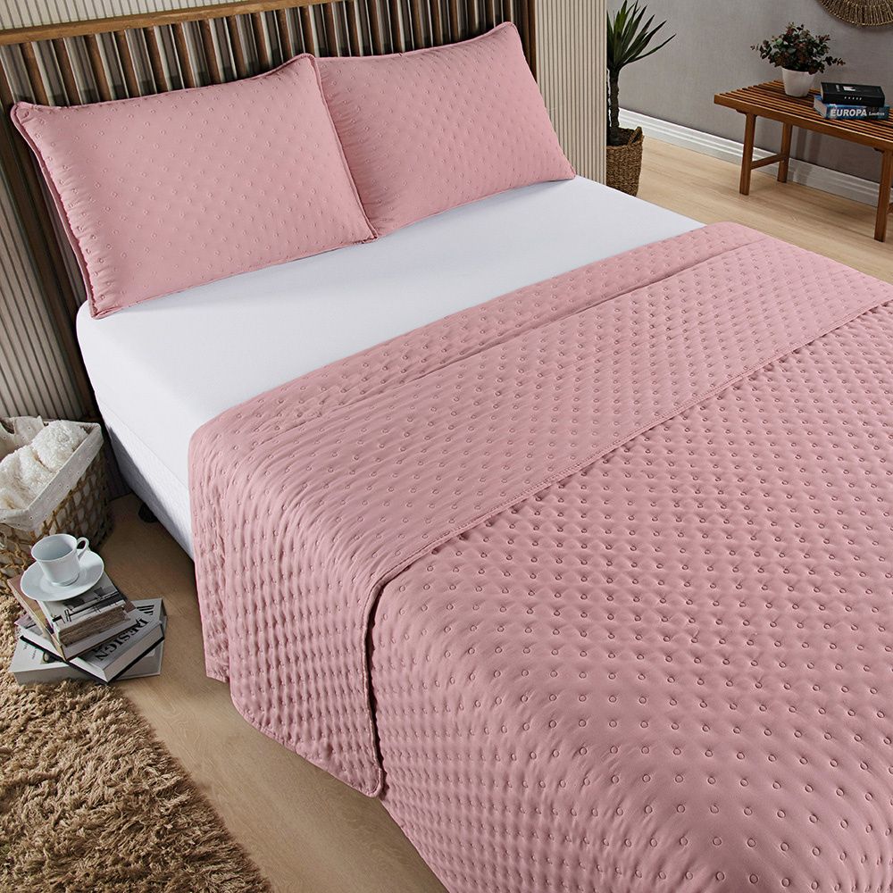 Kit Cobre Leito Colcha Matelado Dupla Face Dots 300 Fios Rose