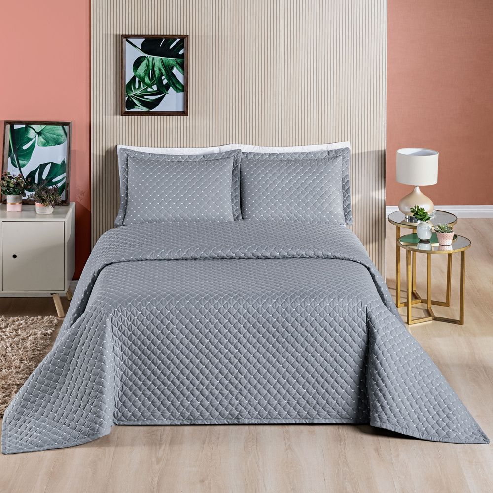 Kit Cobre Leito Colcha Ravena Percal 200 Fios Matelassê Cinza
