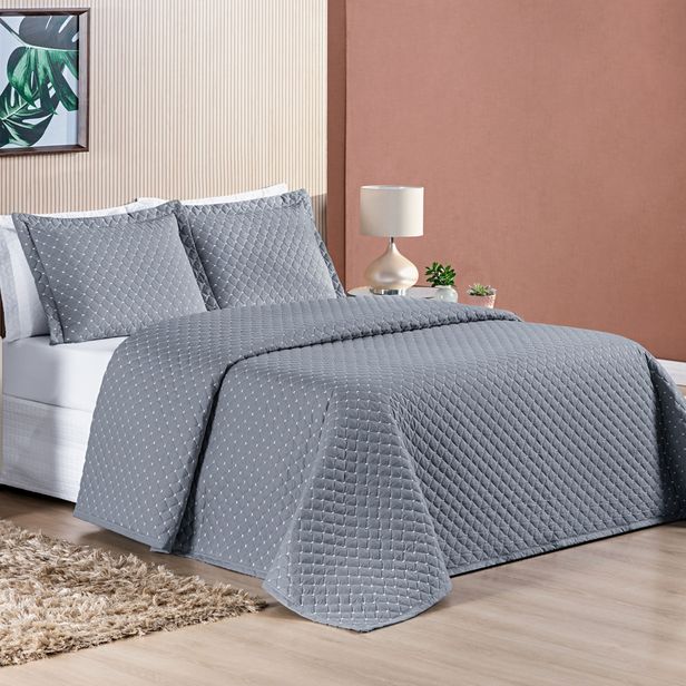 Kit Cobre Leito Colcha Ravena Percal 200 Fios Matelassê Cinza