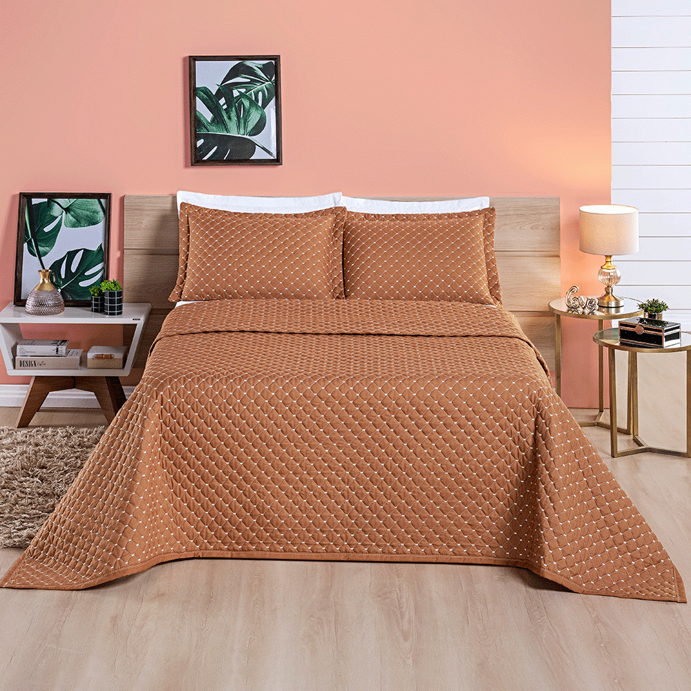 Kit Cobre Leito Colcha Ravena Percal 200 Fios Matelassê Terracota