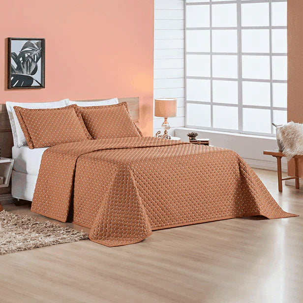 Kit Cobre Leito Colcha Ravena Percal 200 Fios Matelassê Terracota