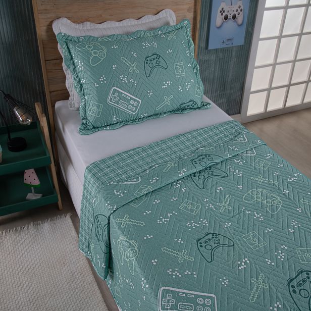 Kit Cobre Leito Colcha Solteiro 2 Peças 150 Fios Matelado Estampado Boutis Kids Game