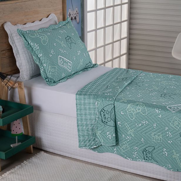 Kit Cobre Leito Colcha Solteiro 2 Peças 150 Fios Matelado Estampado Boutis Kids Game