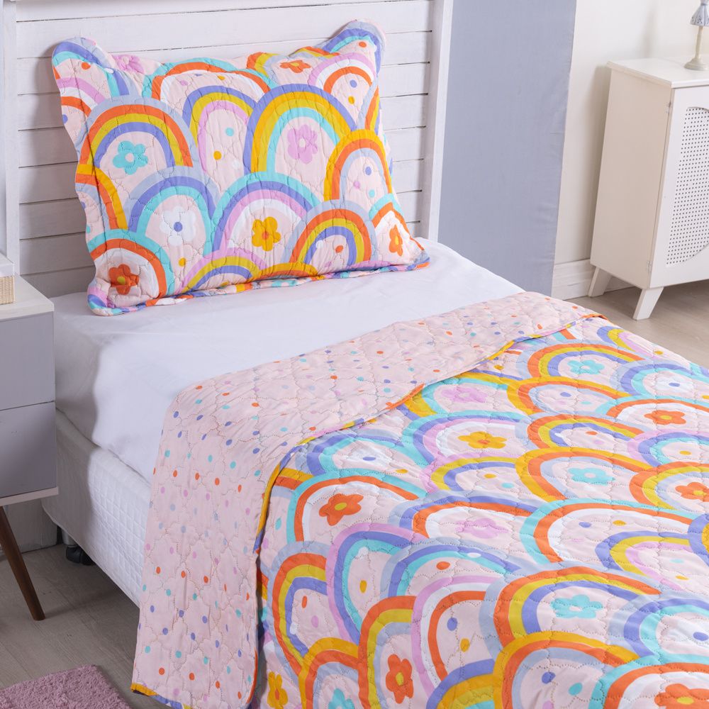 Kit Cobre Leito Colcha Solteiro 2 Peças 150 Fios Matelado Estampado Boutis Kids Arco Íris