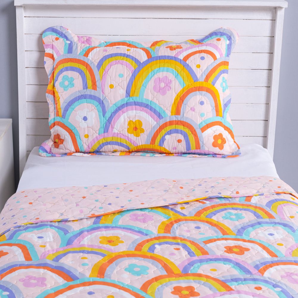Kit Cobre Leito Colcha Solteiro 2 Peças 150 Fios Matelado Estampado Boutis Kids Arco Íris