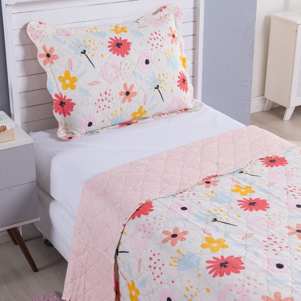Kit Cobre Leito Colcha Solteiro 2 Peças 150 Fios Matelado Estampado Boutis Kids Floral