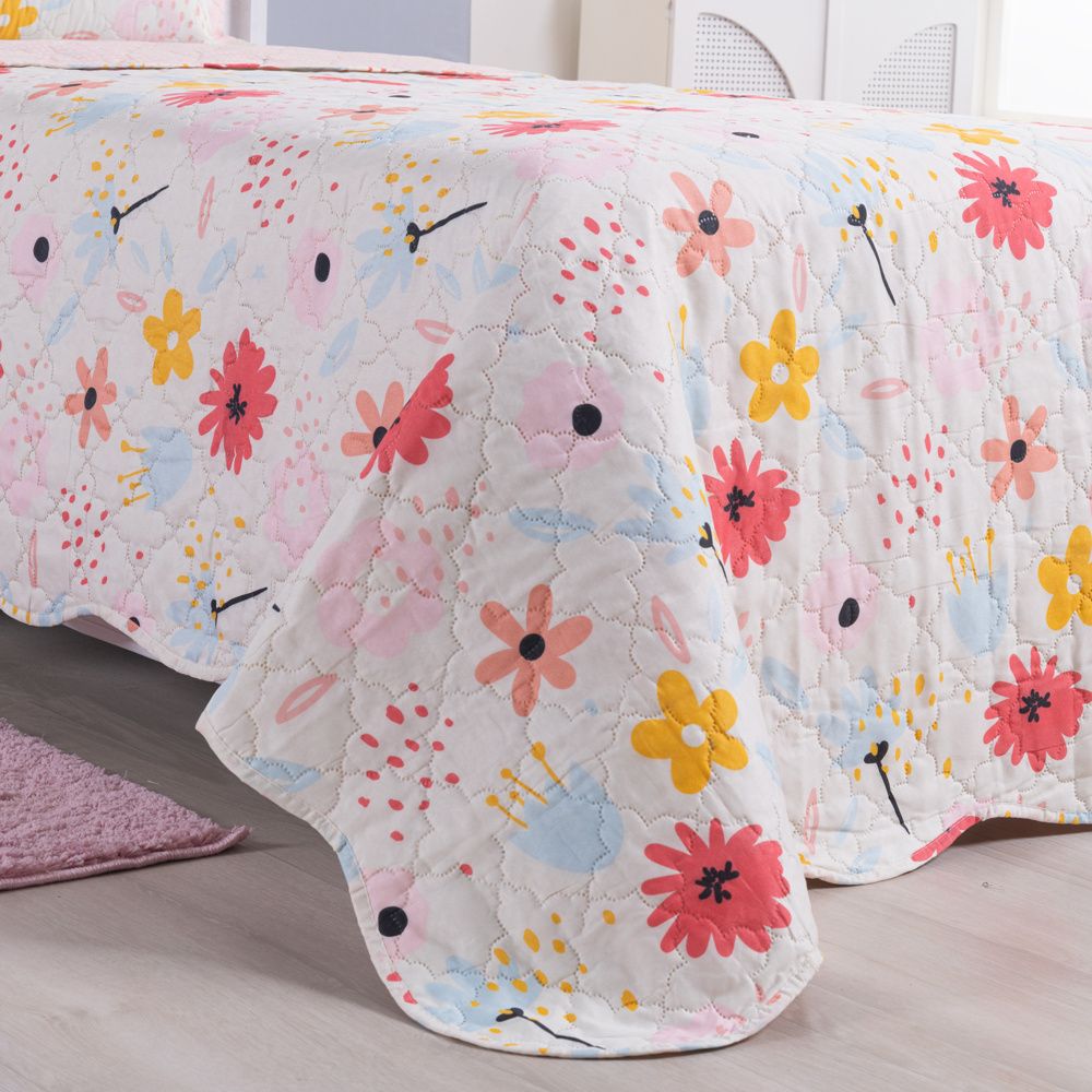 Kit Cobre Leito Colcha Solteiro 2 Peças 150 Fios Matelado Estampado Boutis Kids Floral