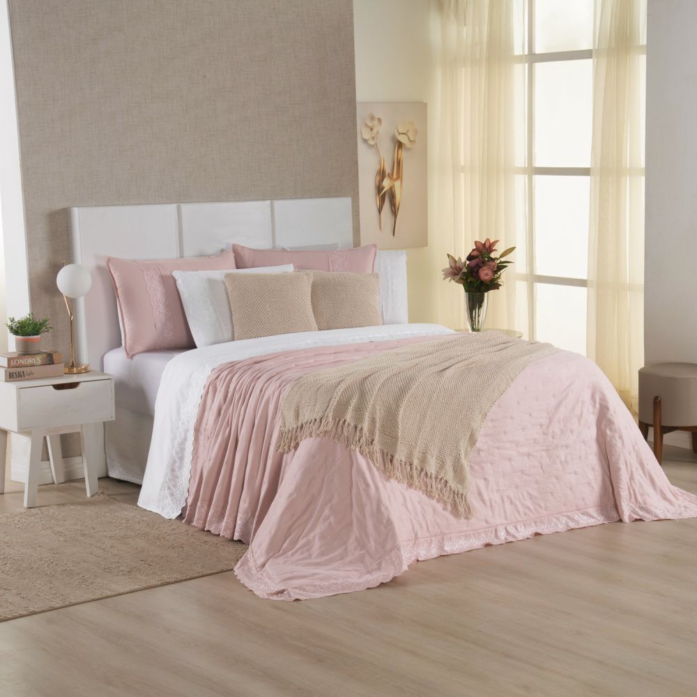 Kit Cama Posta Serena Percal 300 Fios Bordado Inglês Branco/Rosê/Marfim