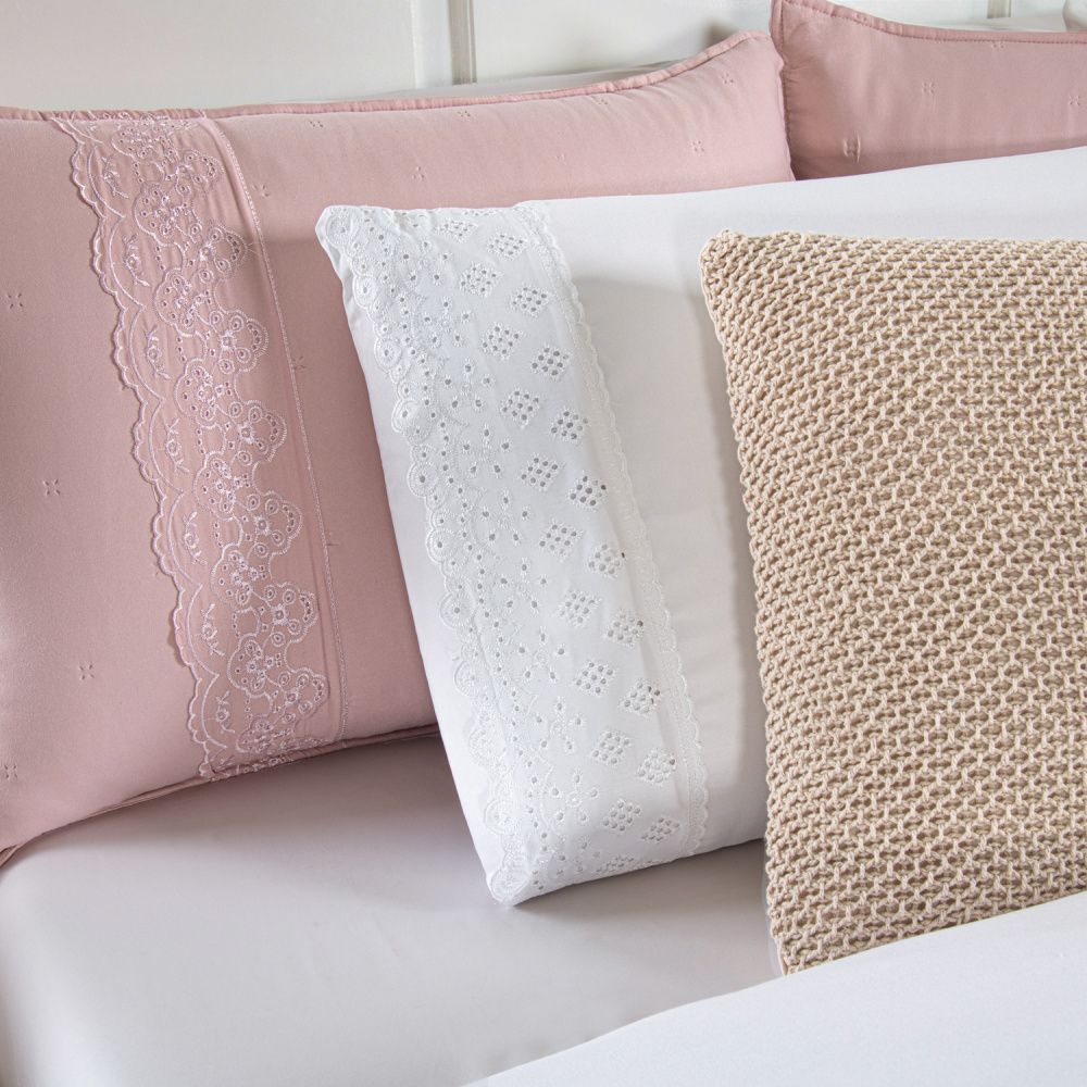 Kit Cama Posta Serena Percal 300 Fios Bordado Inglês Branco/Rosê/Marfim
