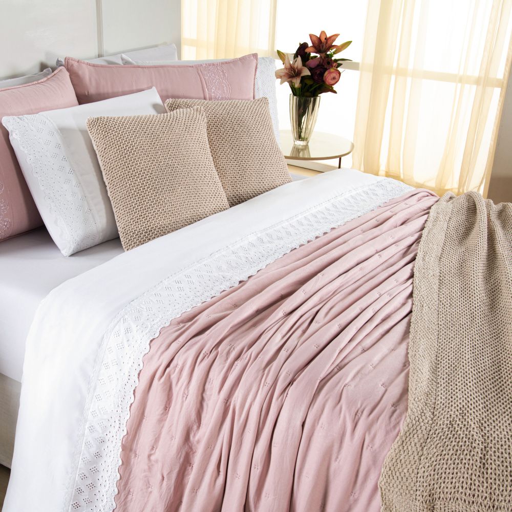 Kit Cama Posta Serena Percal 300 Fios Bordado Inglês Branco/Rosê/Marfim