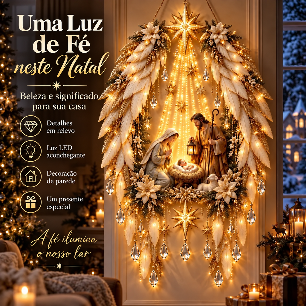 Anjo da Guarda Natalino Iluminado — Presépio de Parede com Luz Dourada