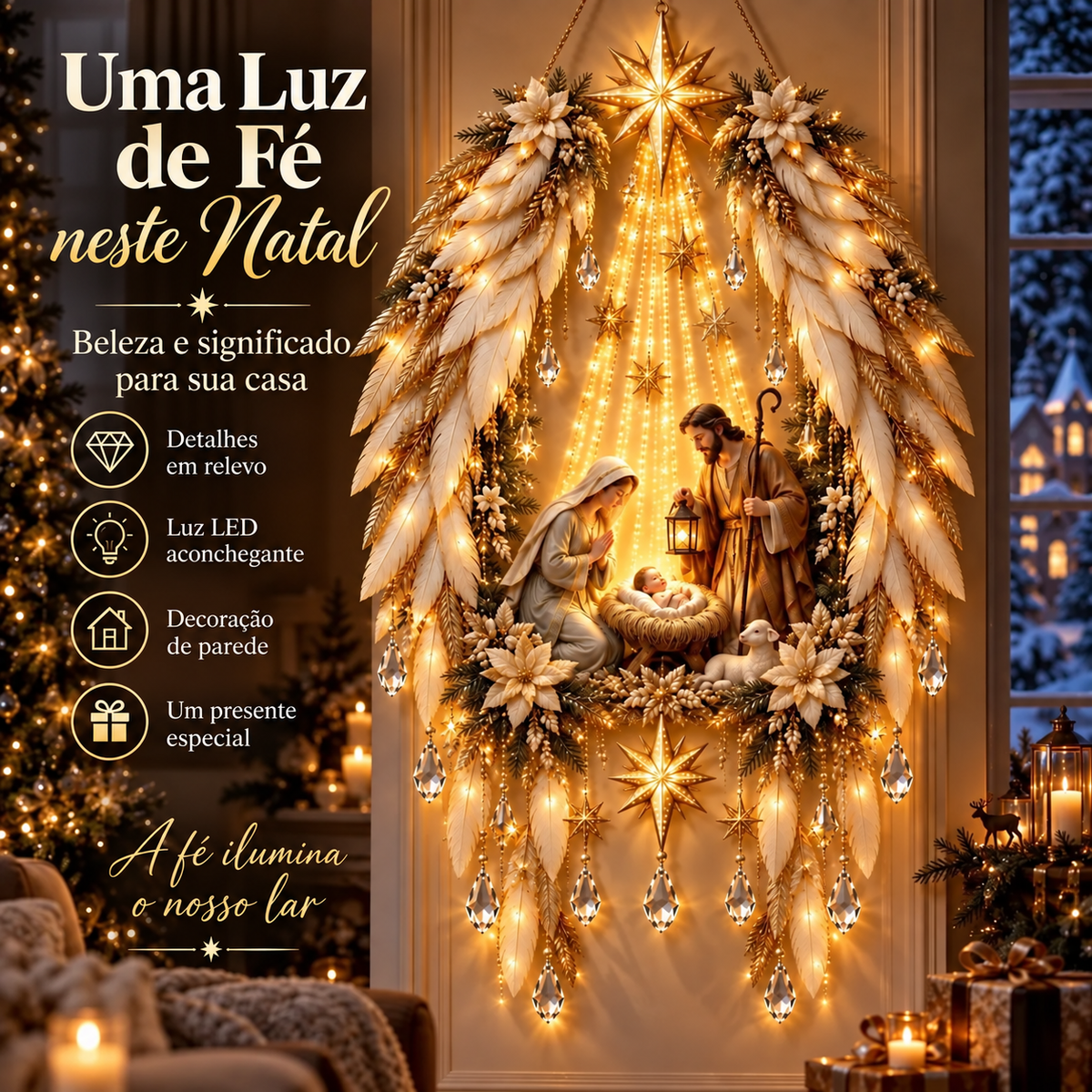 Anjo da Guarda Natalino Iluminado — Presépio de Parede com Luz Dourada