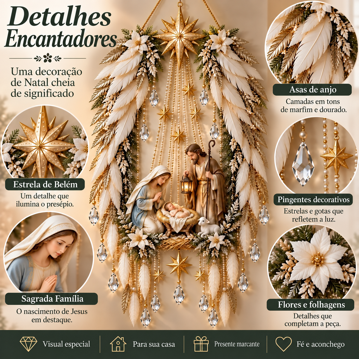 Anjo da Guarda Natalino Iluminado — Presépio de Parede com Luz Dourada
