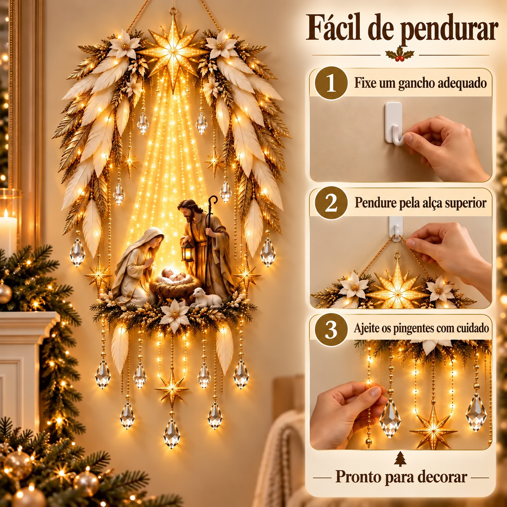 Anjo da Guarda Natalino Iluminado — Presépio de Parede com Luz Dourada