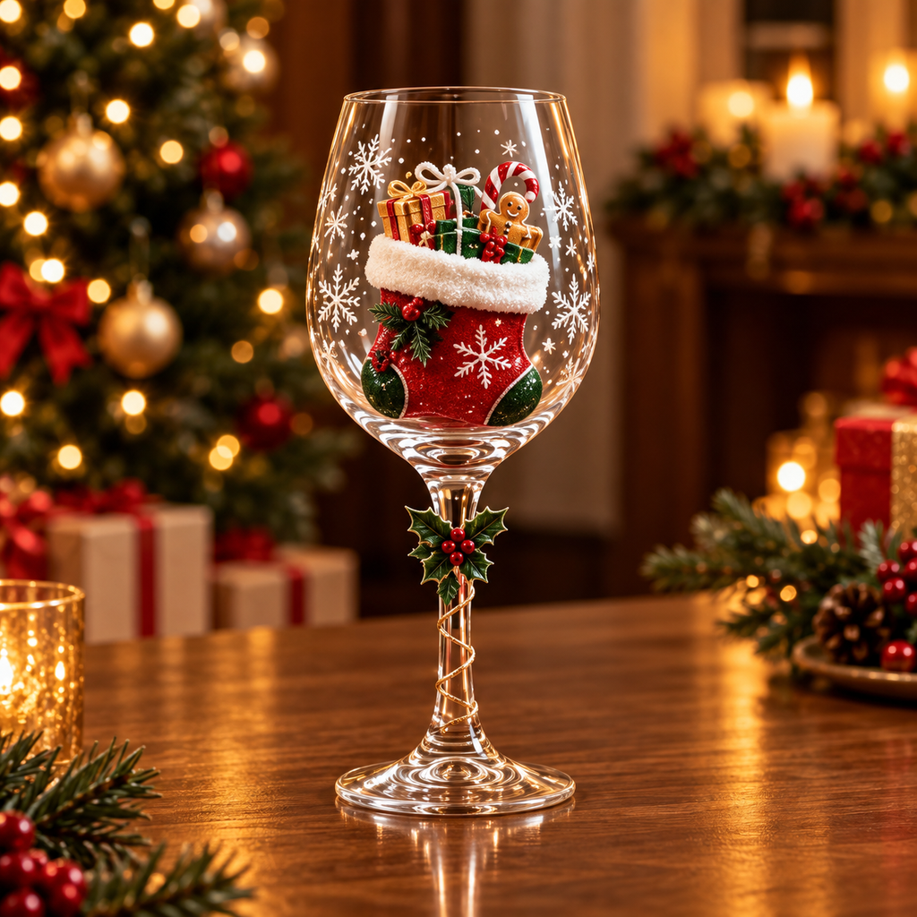 Conjunto de 6 Taças de Vinho Especial de Natal | Taças de Vidro 3D Natalinas