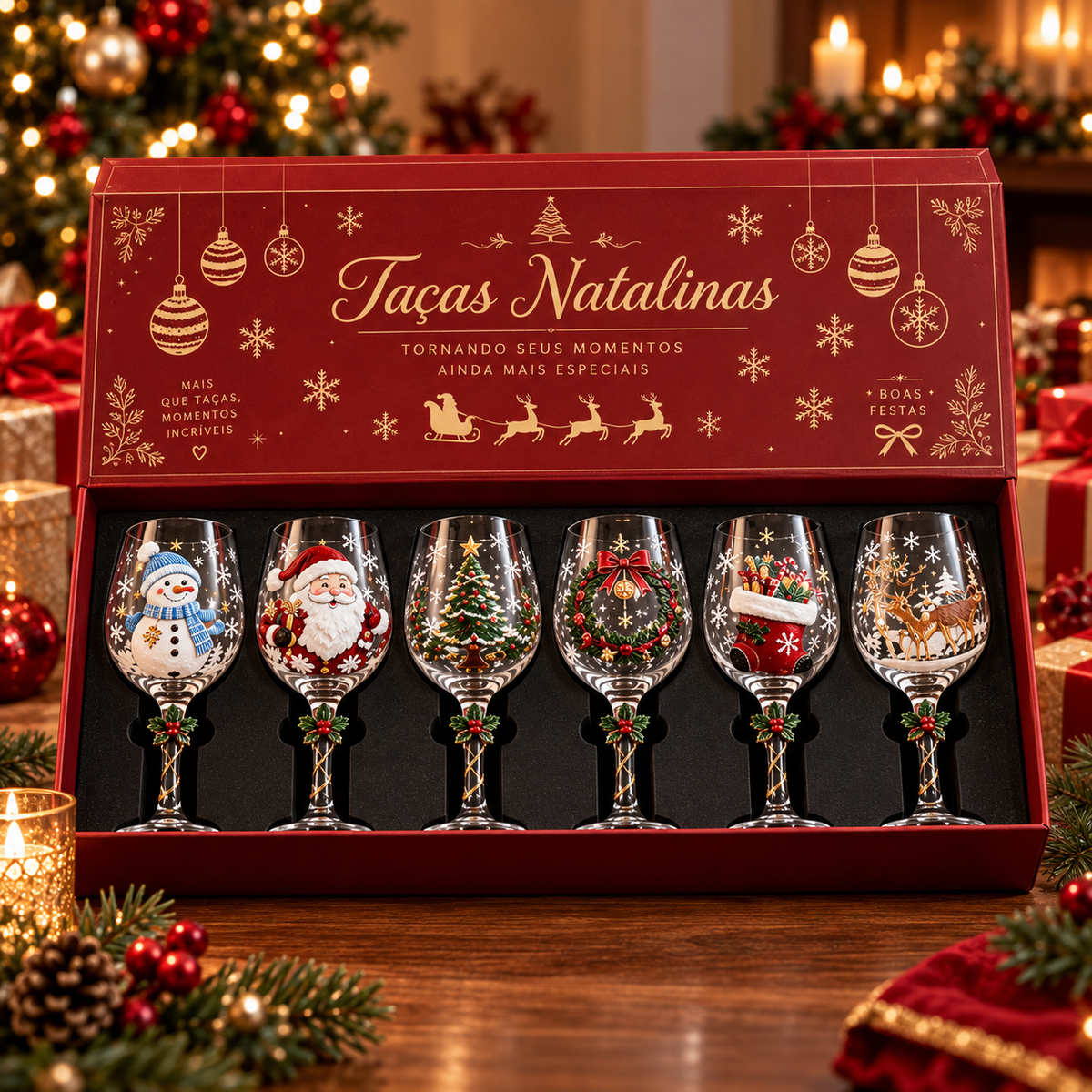 Conjunto de 6 Taças de Vinho Especial de Natal | Taças de Vidro 3D Natalinas